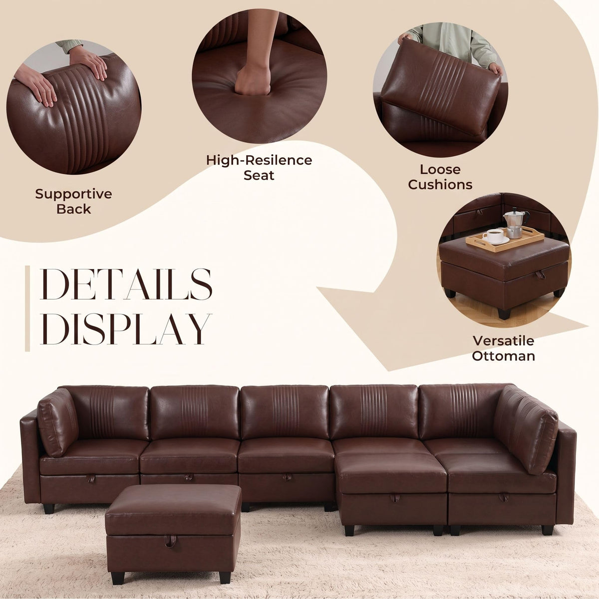 128" Faux Leather Modular Sectional Sofa with Storage, 8 Seater Waterproof & Scratch Resistant Leather Sectional Sofa, U Shaped Couch with Storage, Oversized Brown Sectional Couches for Living Room