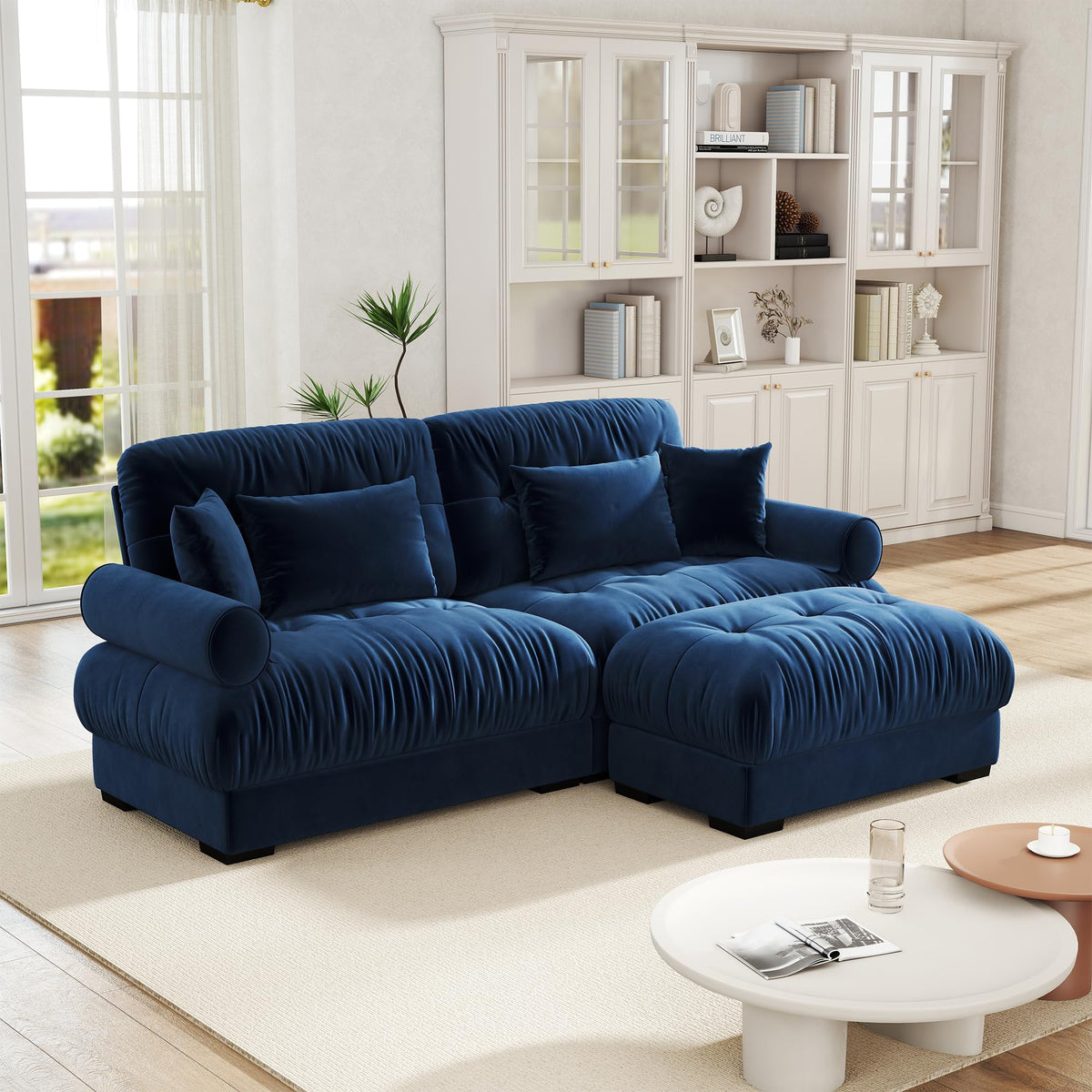 Velvet Modular Sectional Sofa,130" W Oversized U Shape Cloud Couch with 2 Ottomans,Free Combined 3 Seater Comfy Sofa with Bolster Armrest Pillows,Green for Living Room