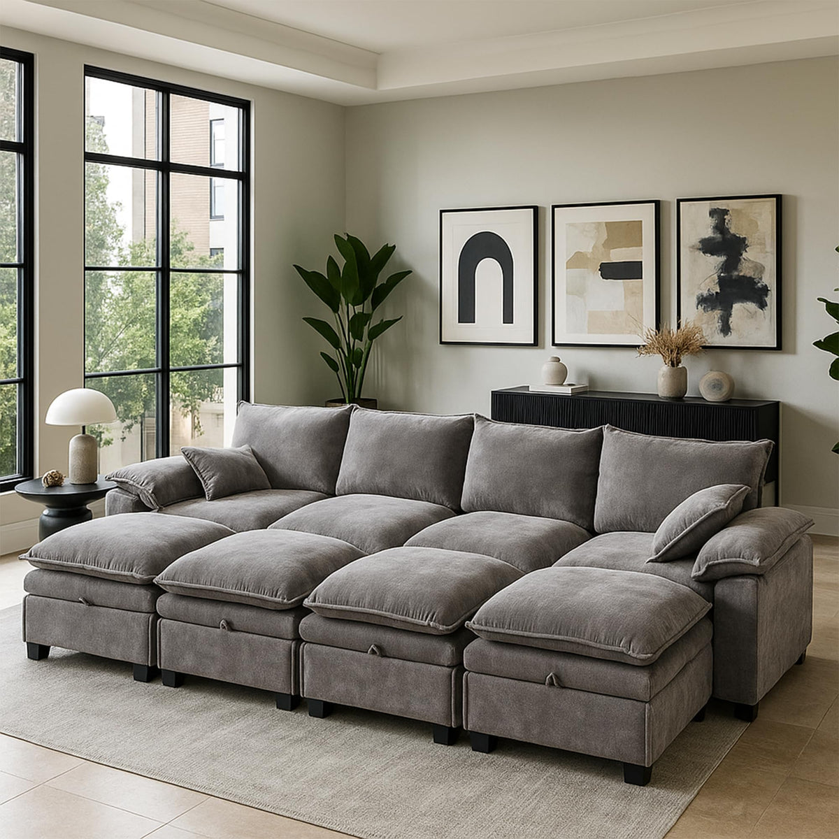 130" Modular Sectional Sofa with Storage, Premium Chenille Cloud Couch with Movable Ottomans, 1200lbs Heavy Duty Deep Seat Sectional, High-Density Foam (Light Gray, 4 Seater & 4 Ottoman)