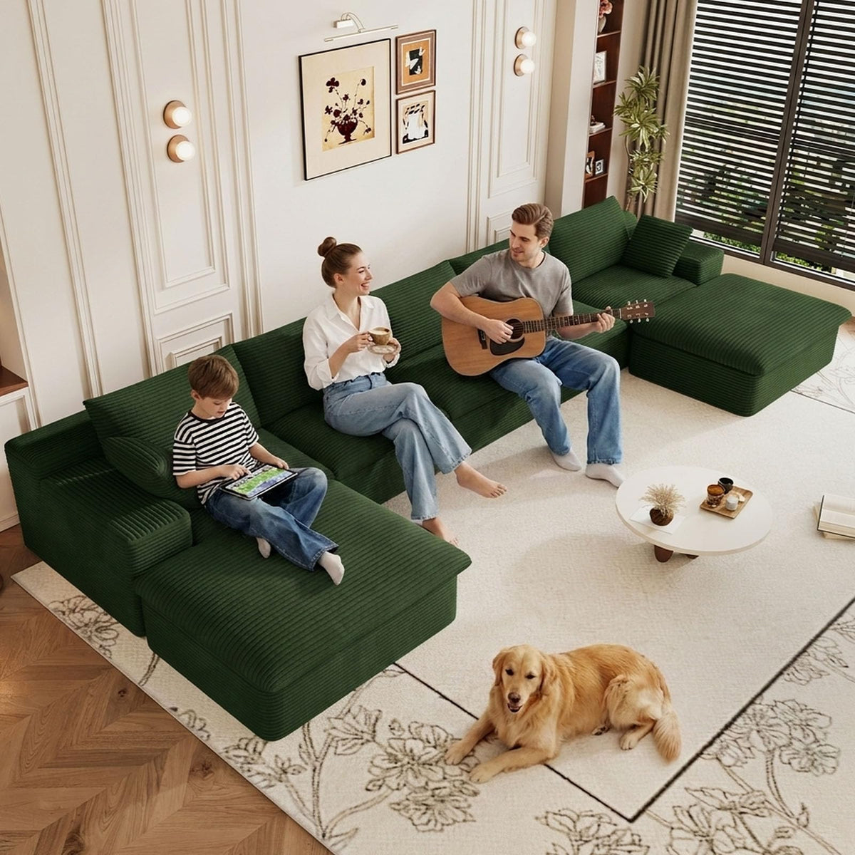 107" Cloud Couch Modular Sectional Couchs with Chaise Lounge, U-Shape Boneless Couches with Ottoman for Living Room, Corduroy Sofa with Deep Seat, No Assembly Required (Green, Left Facing Chaise)