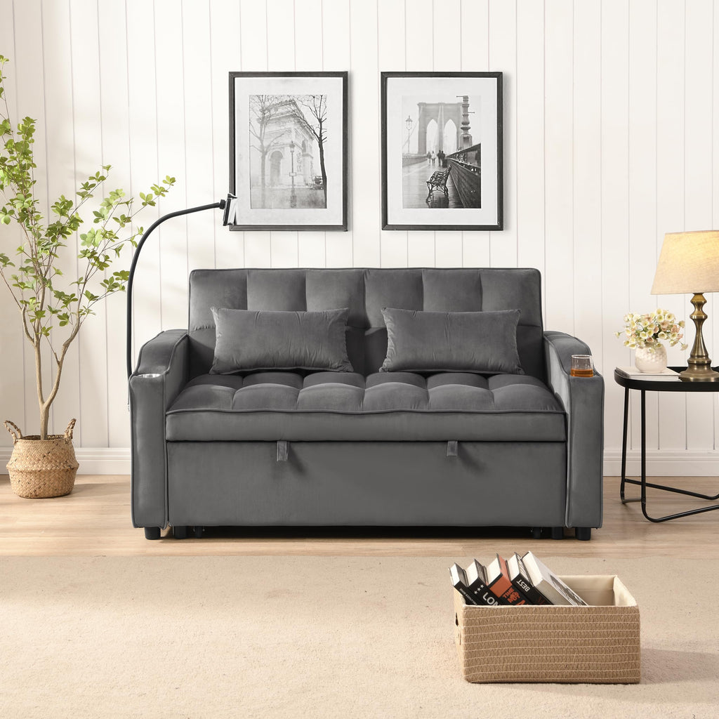 Tidyard Sofa Bed with Trundle, Dark Grey, Convertible Sleeper Couch with USB Ports & Phone Holder, 3-Position Reclining, Includes 2 Pillows, Easy Assembly