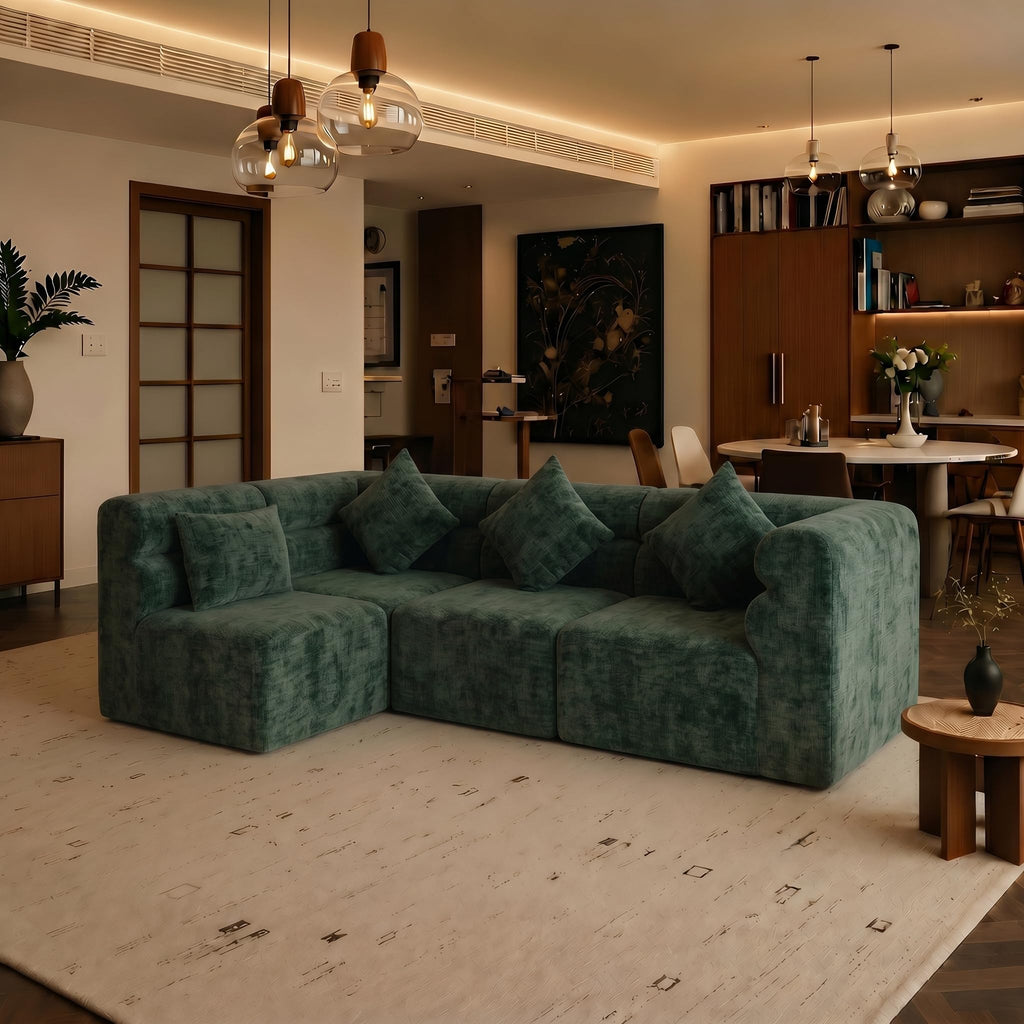 113.38" Modular Sectional Sofa, No Assembly Required Cloud Couch with Deep Seat & Chaise, Modern L-Shaped Boneless Sofa in a Box for Living Room, Apartment, Deep Turquoise Green