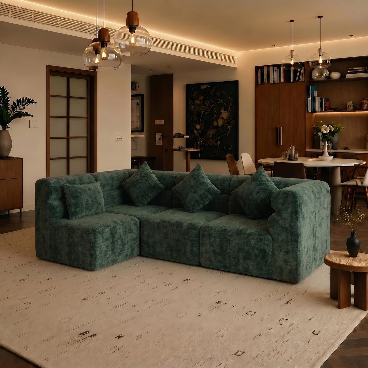 113.38" Modular Sectional Sofa, No Assembly Required Cloud Couch with Deep Seat & Chaise, Modern L-Shaped Boneless Sofa in a Box for Living Room, Apartment, Deep Turquoise Green