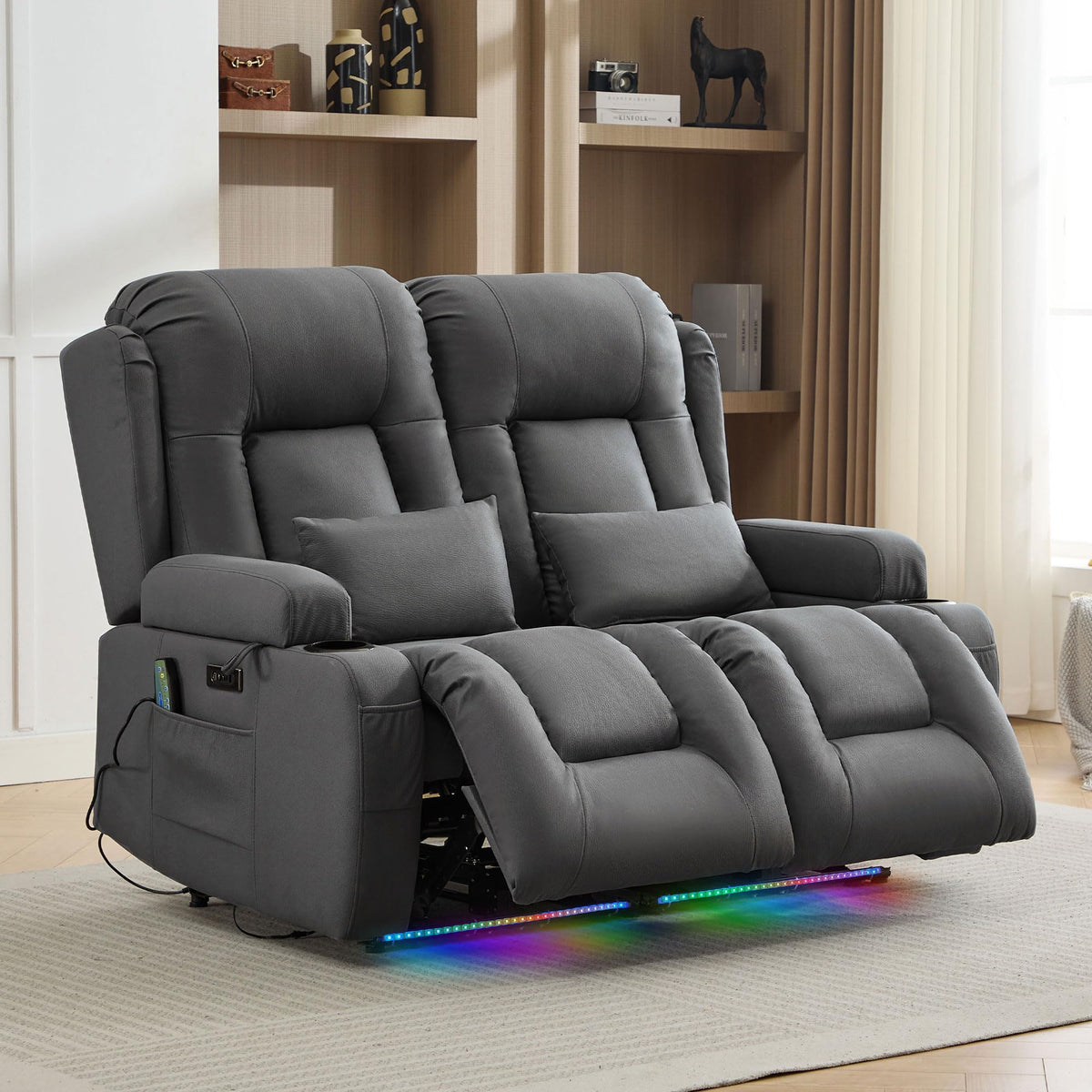 TUNYI Wall Hugger Loveseat Recliner Sofa with Console, Power Reclining Loveseat RV Couch with Massage & Heat/USB/Outlet/Storage/LED Light/Speaker (Blue, 2 Seat with Console)