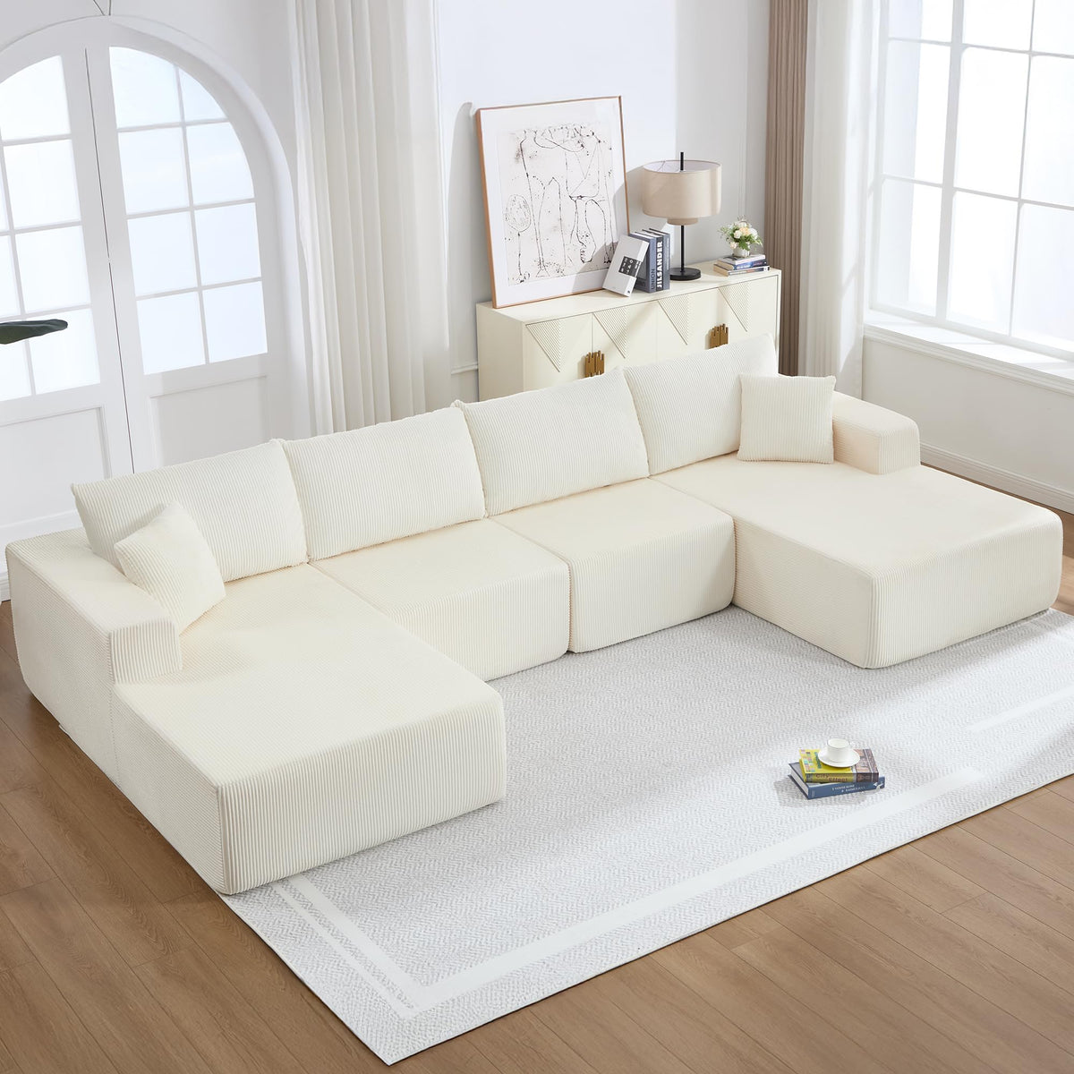U-Shape Sectional Couch for Living Room,4 Seater Boneless Sofa Couch for Living Room Bedroom Apartments,146" Modular Sectional Corduroy Couch with Deep Seat,No Assembly Green