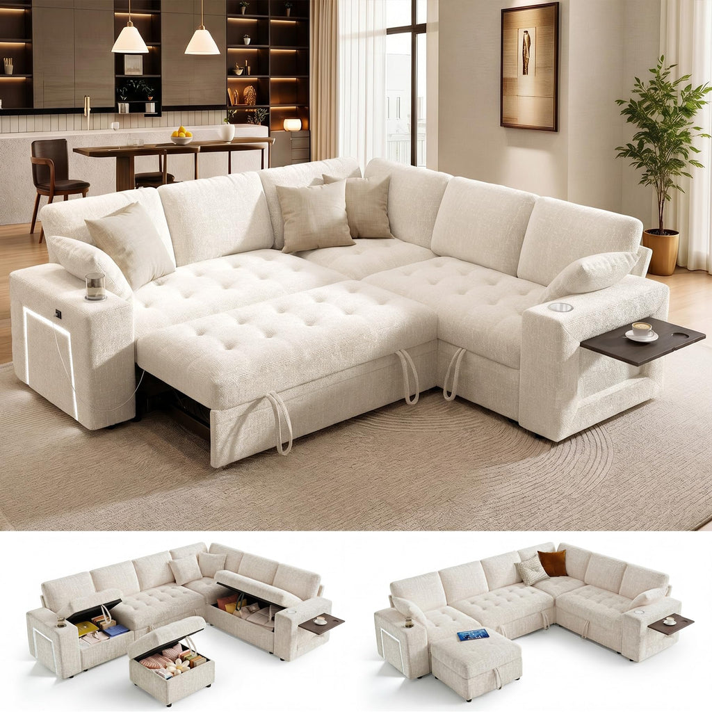 Vipbear 111" Sofa Bed, 7 Seat Modular Sectional Sleeper Sofa with Pull Out Bed, Chenille L Shaped Couch with Storage Ottoman|Cup Holders|Side Table|LED Light|USB Ports, Easy Assembly, Green