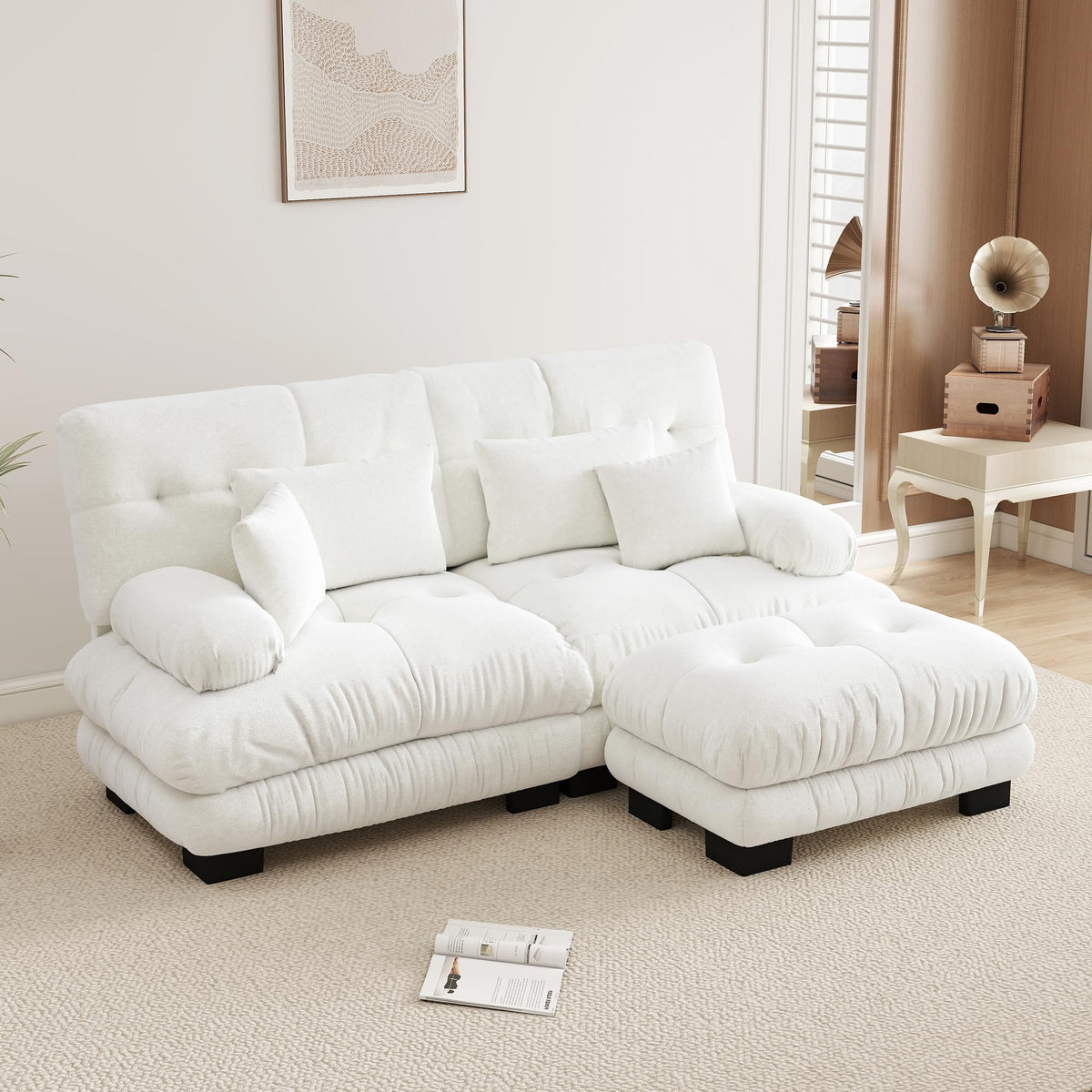 Velvet Modular Sectional Sofa,130" W Oversized U Shape Cloud Couch with 2 Ottomans,Free Combined 3 Seater Comfy Sofa with Bolster Armrest Pillows,Green for Living Room
