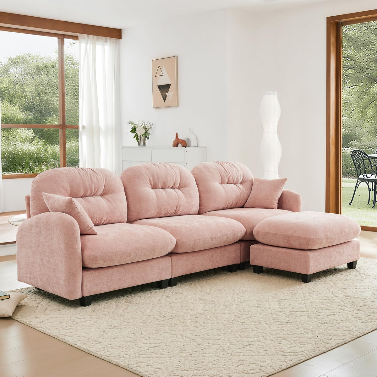 107" L Shaped Couch, Chenille Upholstered Modular Sectional Sofa, 3 Seater Deep Seat Sofa with Movable Ottoman, Modern Cloud Couch with Thick Seat Cushion, Sectional Couches for Living Room, Pink