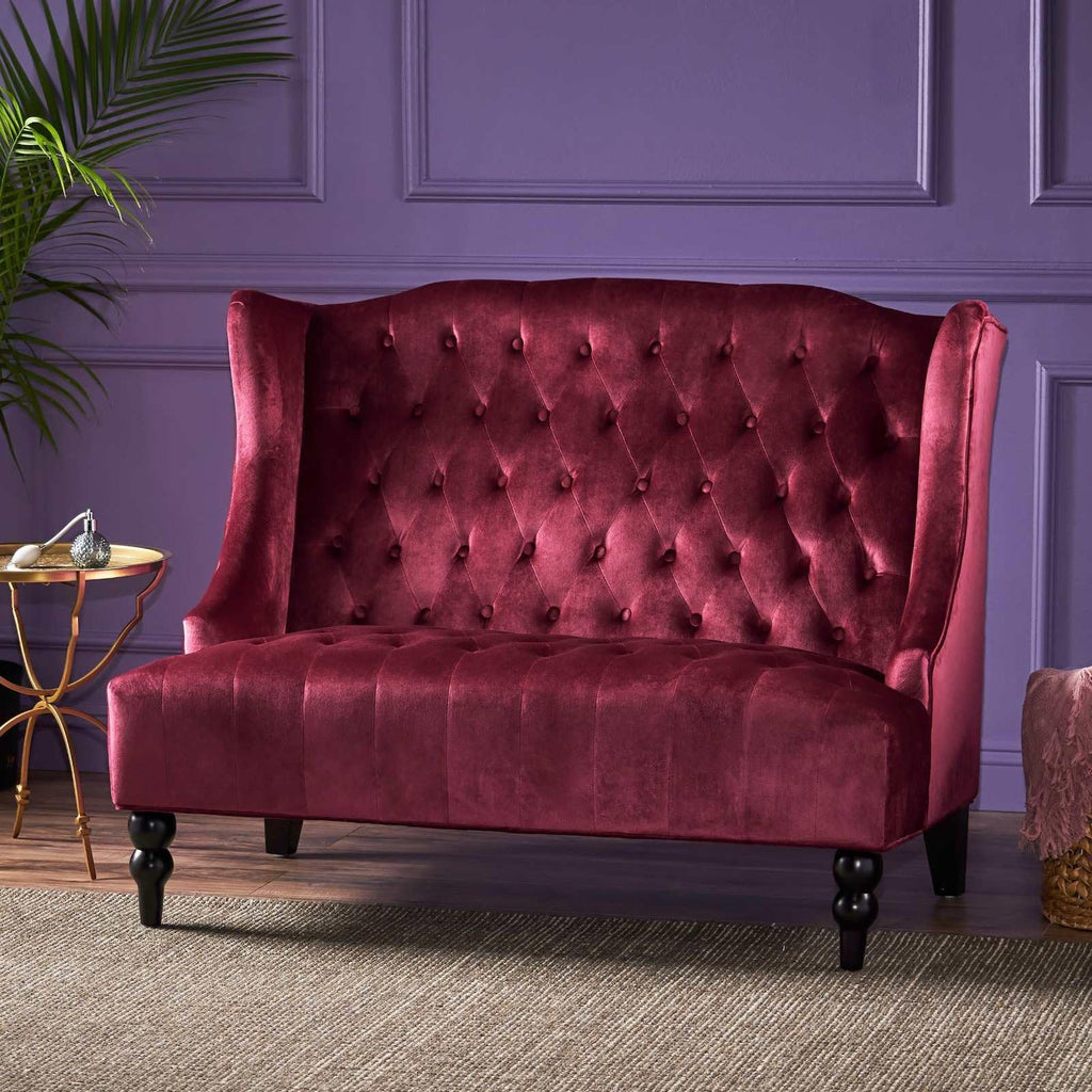 Velvet Loveseat Sofa, 2-Seat Tufted Wingback Couch with Diamond Button Tufting and Turned Legs, Modern Glam Accent Seating for Living Room, Foyer, Entryway, Wine RED