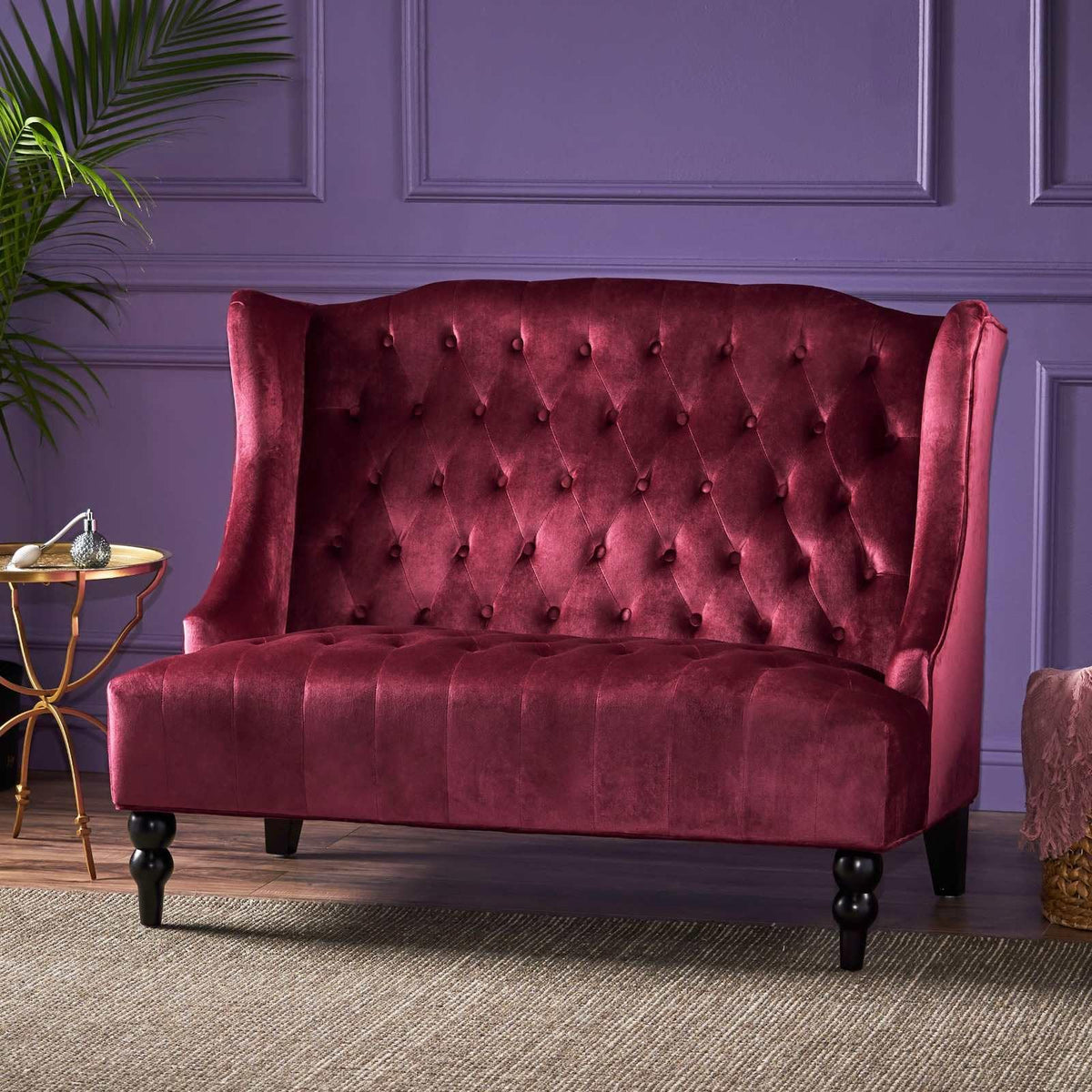 Velvet Loveseat Sofa, 2-Seat Tufted Wingback Couch with Diamond Button Tufting and Turned Legs, Modern Glam Accent Seating for Living Room, Foyer, Entryway, Wine RED