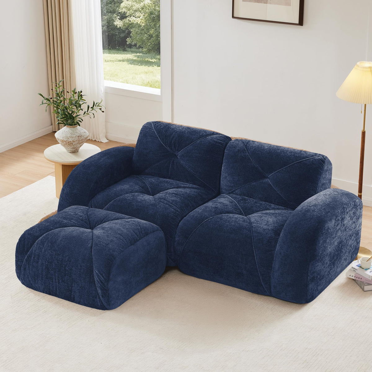 U-Shaped Boneless Sofa, Tufted 32d High Density Sponge Bottom, Anti-Slip Design, No Assembly Required, Free Combination, Movable Ottomans for Living Rooms, Home Theater, Blue