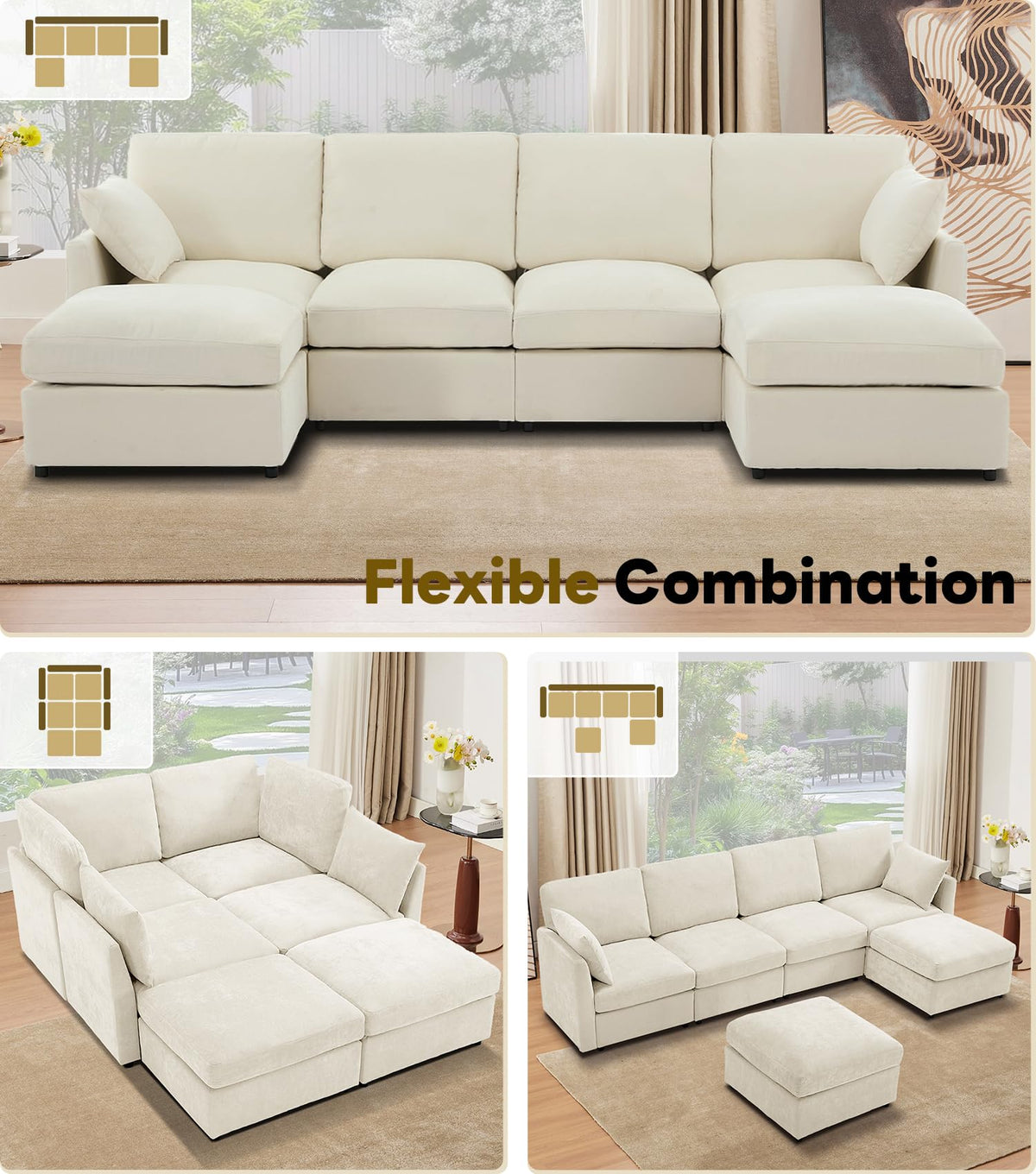 Tbfit U Shaped Couch, Sectional Sofa for Living Room,Chenille Cloud Couch with Ottoman 6 Seat, Beige