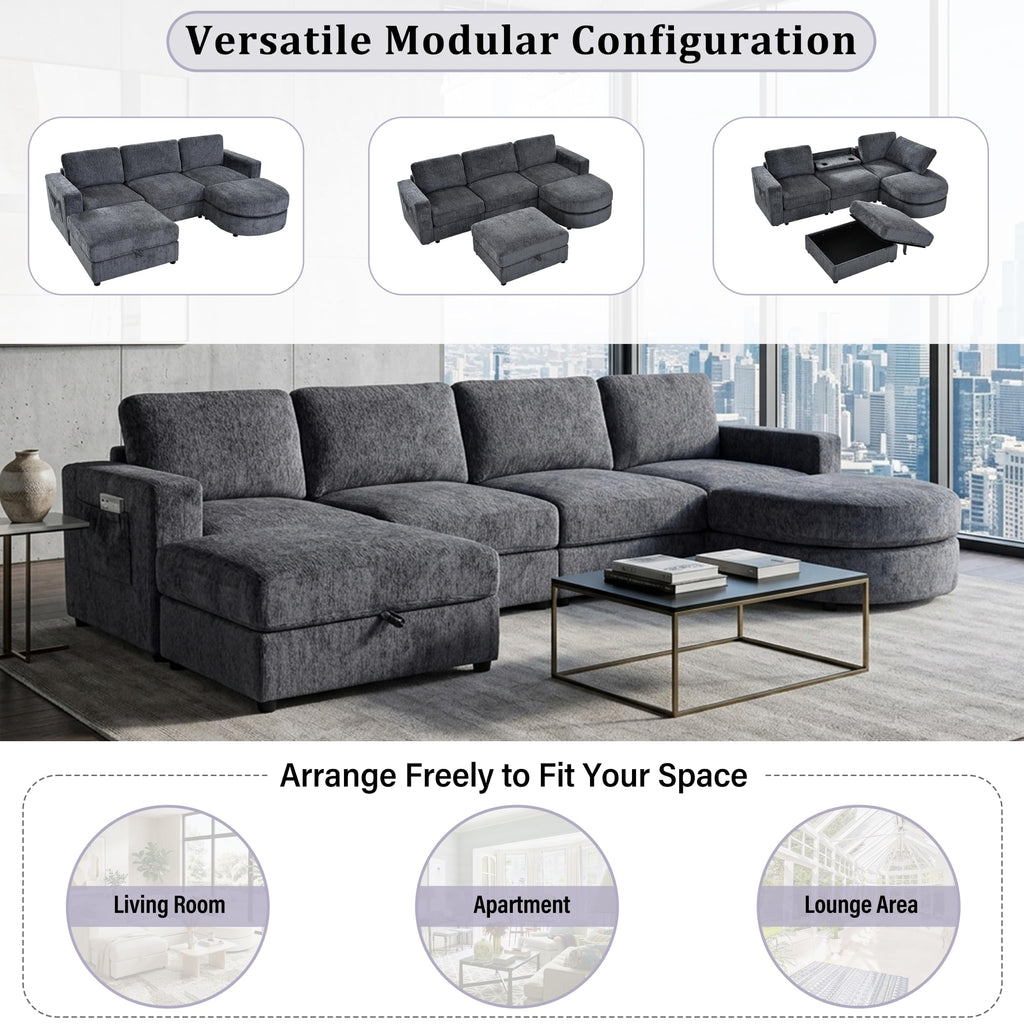 Tidyard U Shaped Sectional Sofa, Modular Chenille Couch with Storage Ottoman & Cup Holders, 102.4" Solid Pine Wood Frame for Living Room Apartment