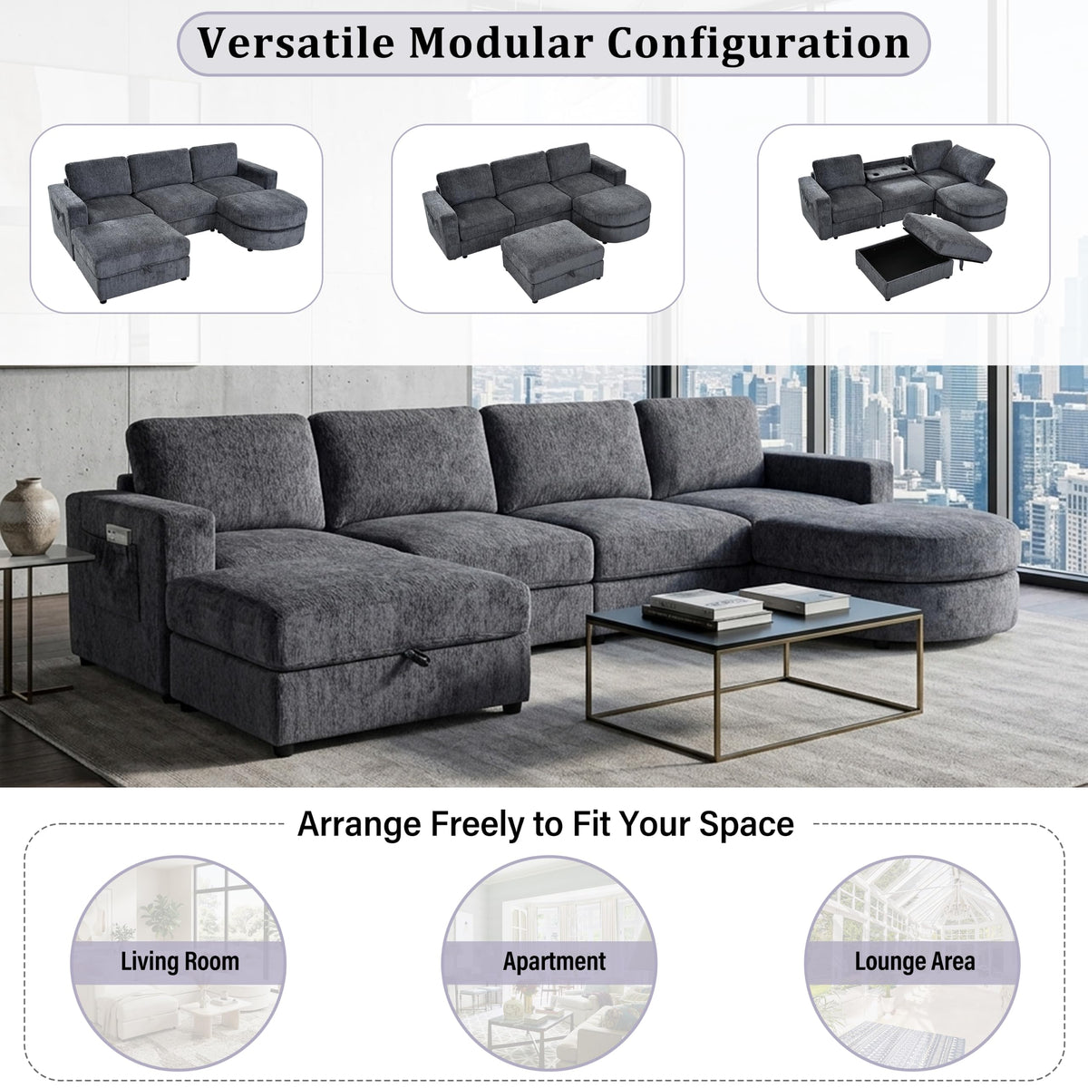Tidyard U Shaped Sectional Sofa, Modular Chenille Couch with Storage Ottoman & Cup Holders, 102.4" Solid Pine Wood Frame for Living Room Apartment
