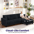 114" Cloud Sectional Couch with L-Shape Reversible Chaise, Modern Corduroy L Shaped Couch with 2 Pillows & Storage Armrests, 4 Seater Sectional Couches for Living Room, Plush Corduroy, Black