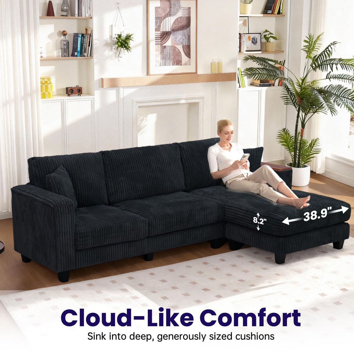 114" Cloud Sectional Couch with L-Shape Reversible Chaise, Modern Corduroy L Shaped Couch with 2 Pillows & Storage Armrests, 4 Seater Sectional Couches for Living Room, Plush Corduroy, Black