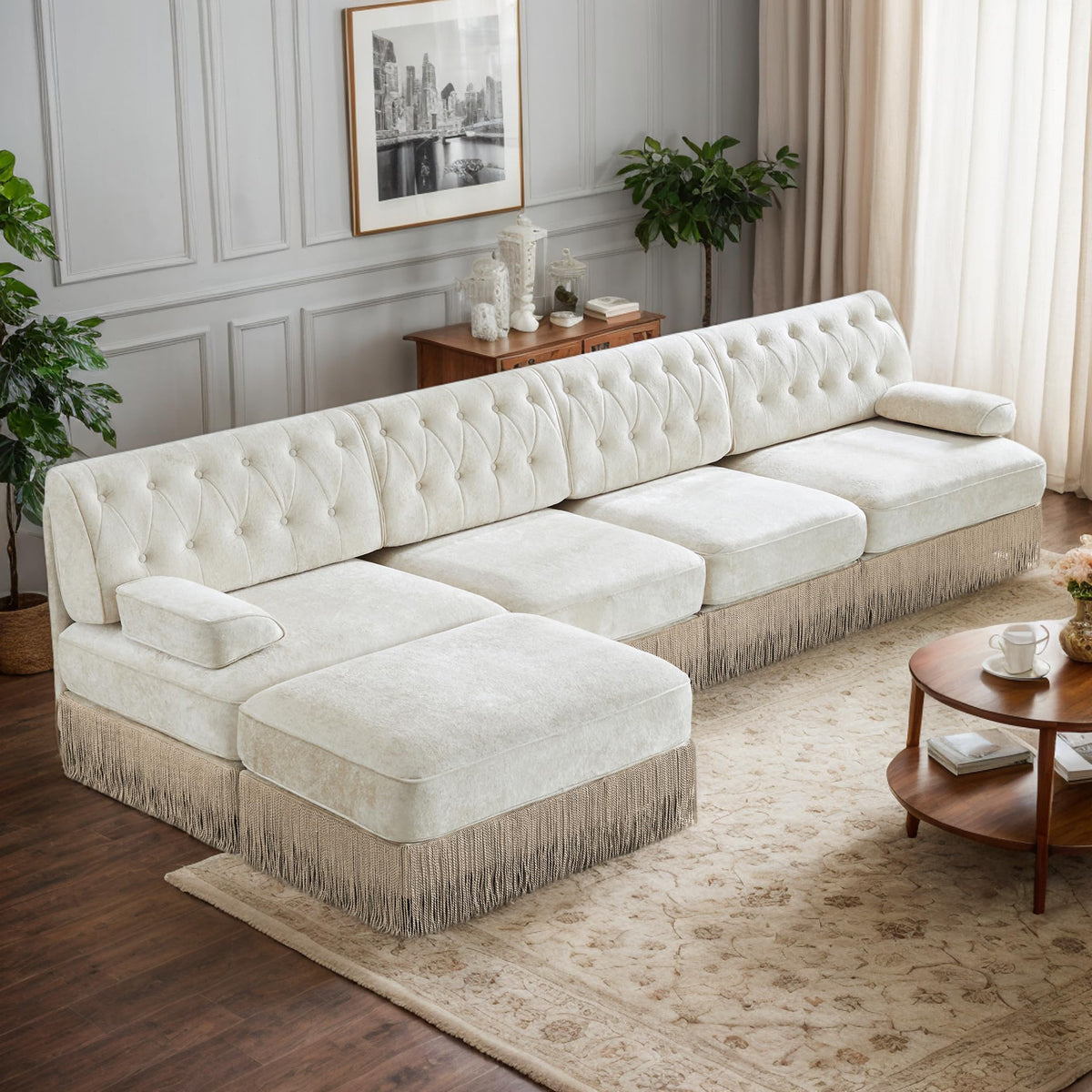 106'' Modern Chesterfield Style 3-Seater Sofa with 2 Ottoman, Upholstered Velvet Modular Sectional Sofa with Button Tufted, U Shape Deep Seat Cloud Sectional Couches for Living Room (Green)