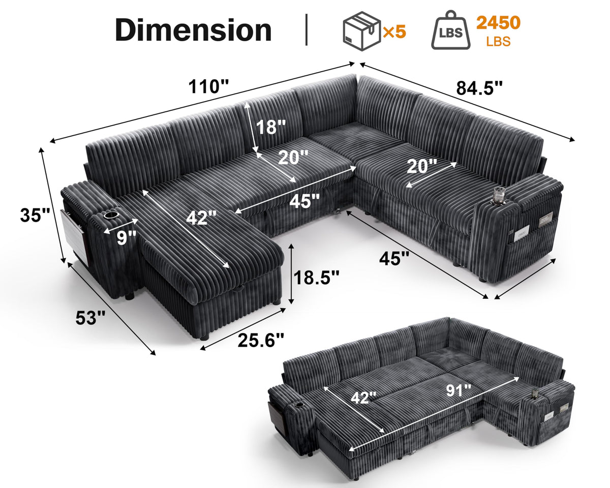 Vipbear 111" Modular Sectional Sleeper Sofa with Pull Out Bed, 7 Seat Plush Corduroy L Shaped Couch with Reclining Backrest|USB|Cupholders|Side Table|Storage Chaise Armrests, Beige