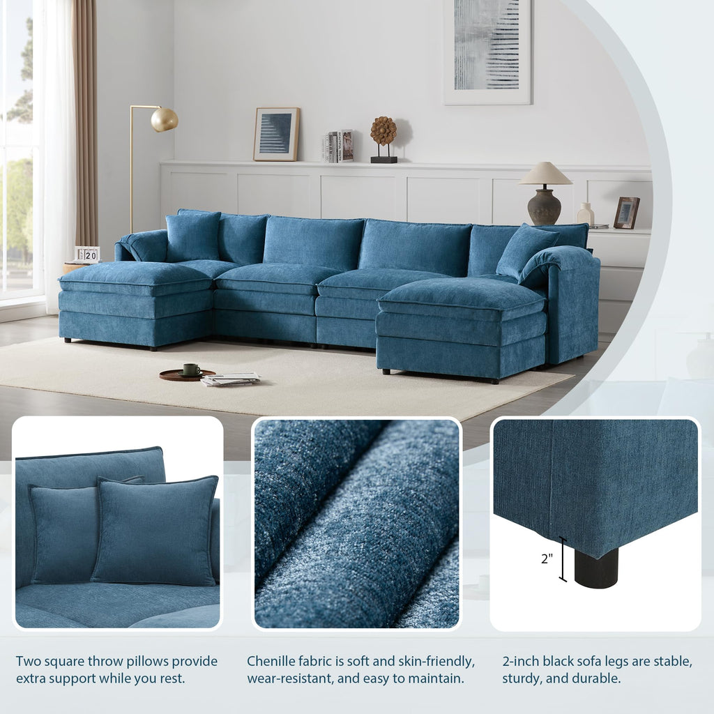 [NEW SKU of N723S1687C] 136" Chenille Modular Sectional Sofa with Deep and Wide Seat, U-Shaped Cloud Couch Set with Double Cushions, 6 Seat Sofa with Movable Ottoman, Oversized Indoor Furniture Enhan
