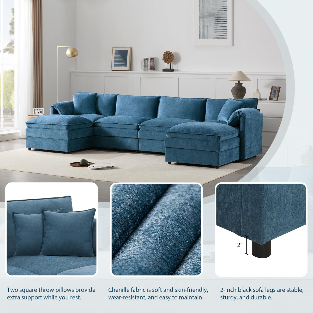 [NEW SKU of N723S1687C] 136" Chenille Modular Sectional Sofa with Deep and Wide Seat, U-Shaped Cloud Couch Set with Double Cushions, 6 Seat Sofa with Movable Ottoman, Oversized Indoor Furniture Enhan