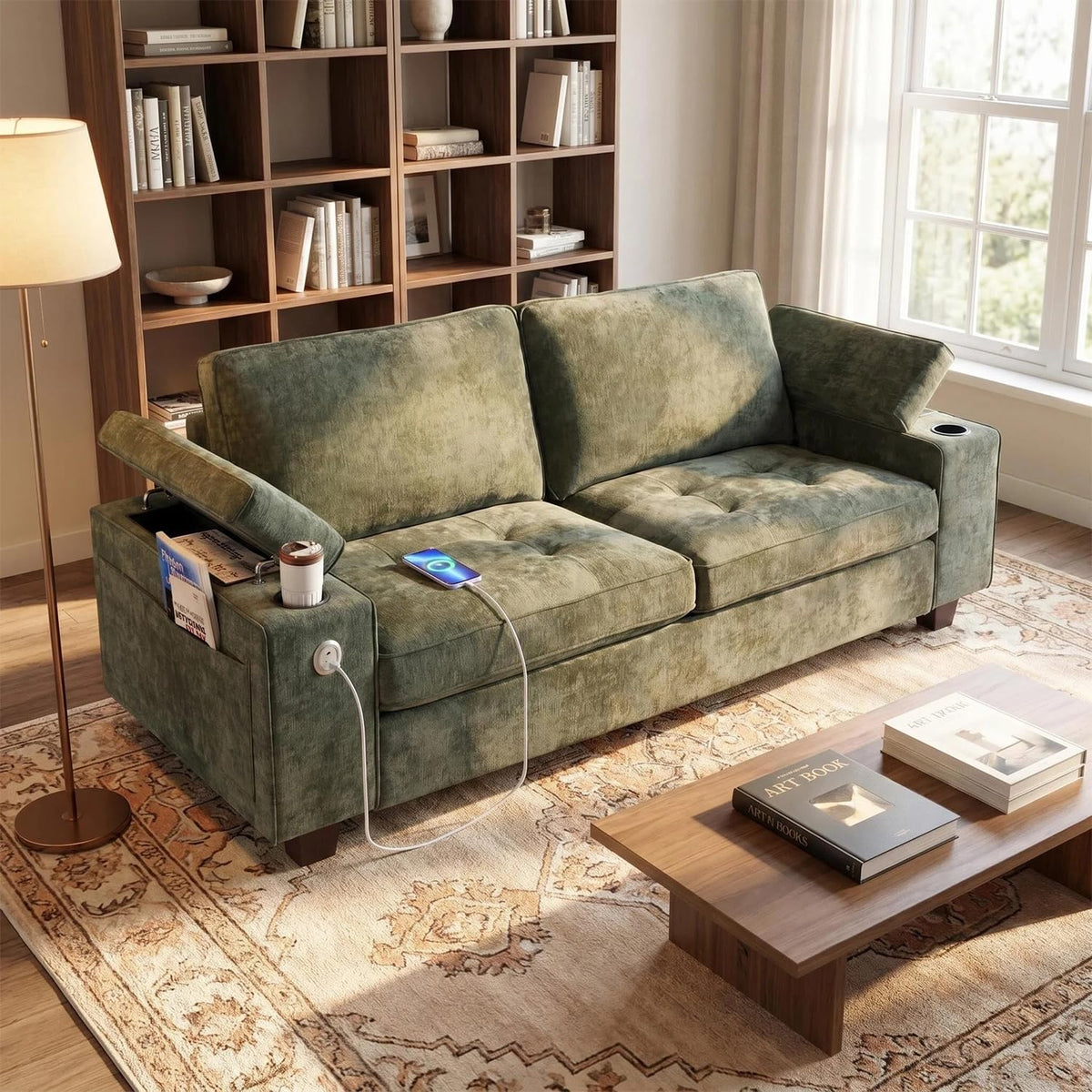 100" L Shaped Sectional Sofa with Hidden Armrest Storage, USB & Type-C Charging Ports, 4-Position Adjustable Armrests, Built-in Cup Holders, Upholstered Couch for Living Room, Brown