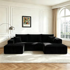 107" U-Shaped Cloud Sectional Couch with Ottoman for Living Room, Boneless Sofa, Compressed Sofa, No Assembly Required, Black Corduroy, Right Chaise