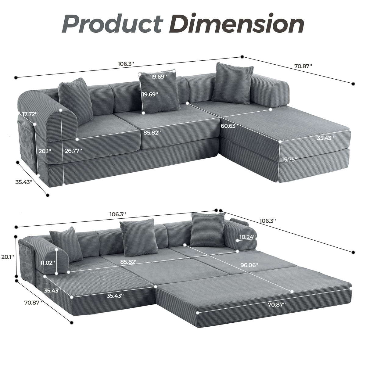 106.3" Oversized Convertible Sleeper Sofa Bed