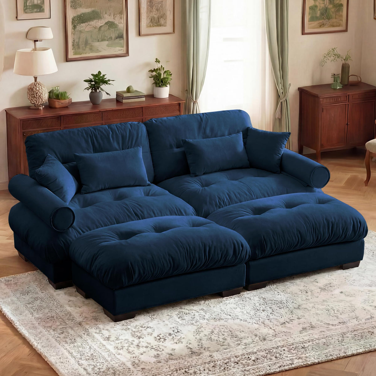 130" Cloud Couch, Oversized 3-Seater Couch with Ottomans and Pillows, Deep Seat L Shaped Sofa, Comfy Velvet Fluffy Sofas Modular Sectional Couches for Living Room (Blue, 3 Seat + 1 Ottoman)