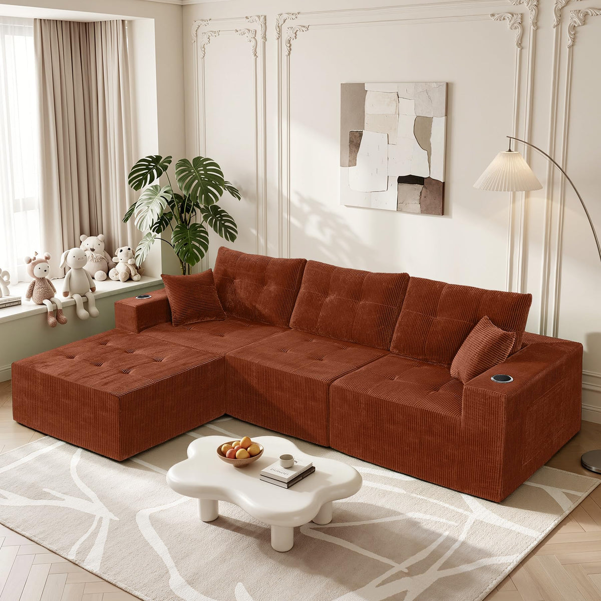 113" Boneless Modular Sectional Sofa, L-Shape Couch, 4-Seat Gray Corduroy