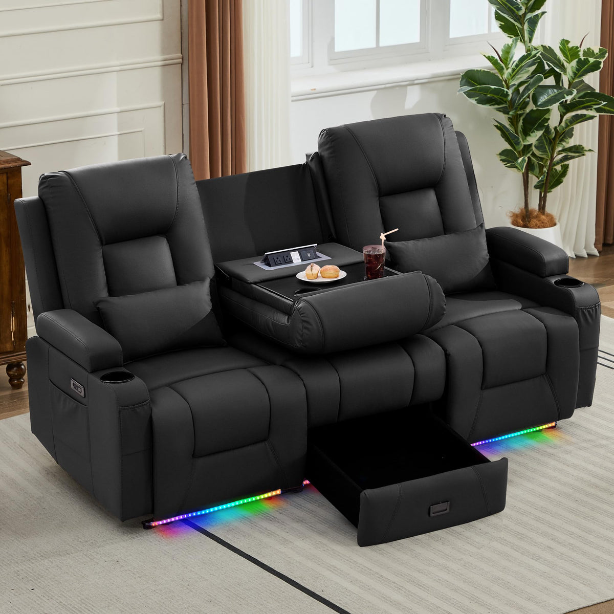 URRED Power Loveseat Recliner Sofa with Console, Wall Hugger Reclining Loveseat RV Couch with LED Light, 150° Zero Gravity Recliners Modular Couches for Living Room (Black, 77.3'' - 3 Seats)