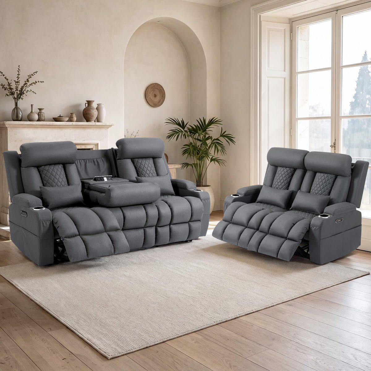 Wall Hugger Power Reclining Sofa w/ Adjustable Headrest, Gray