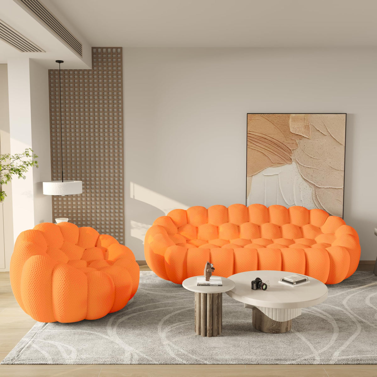 WJShome Modern Bubble Sofa Couch, 79.53" Curved Sofas for Living Room, Boneless Large Bean Bag Chair,Deep Seat Floor Sofas Chair Lounge 3 Seater for Home,Orange