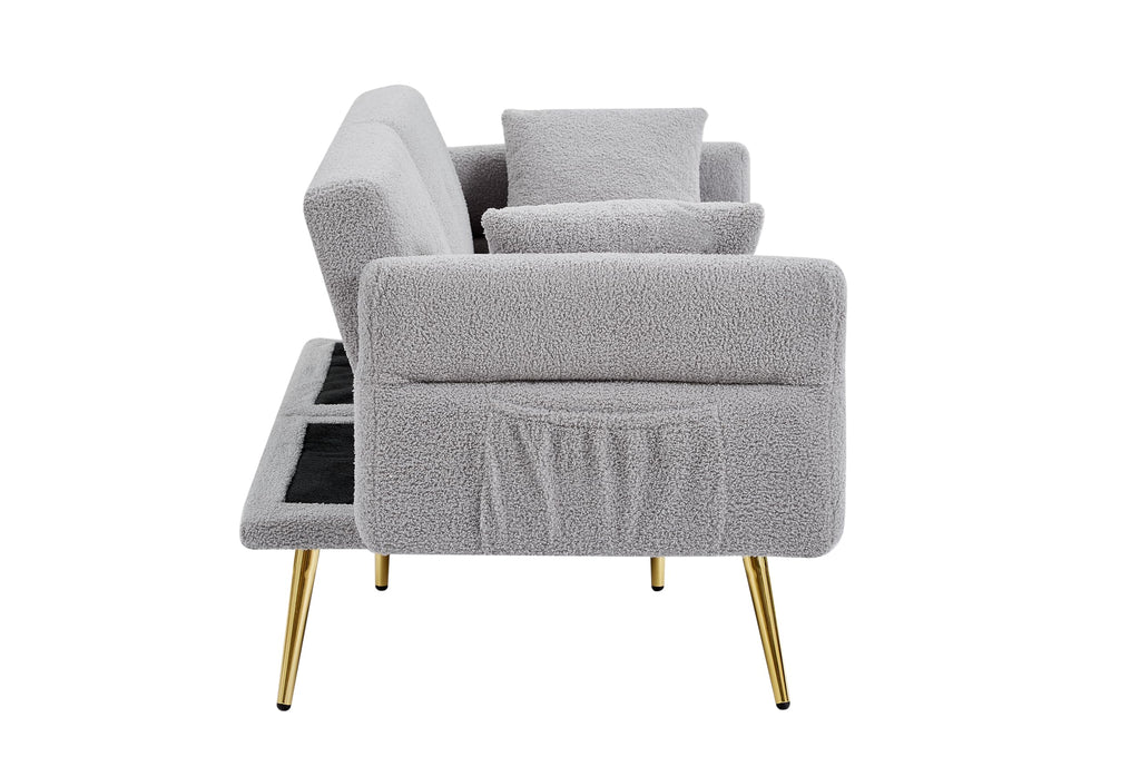 Upholstered Accent Loveseat Sofa with Side Pocket,Folding Sleeper Sofa Bed with Foldable Armrest, Adjustable Backrest and Golden Metal Legs for Living Room,Grey
