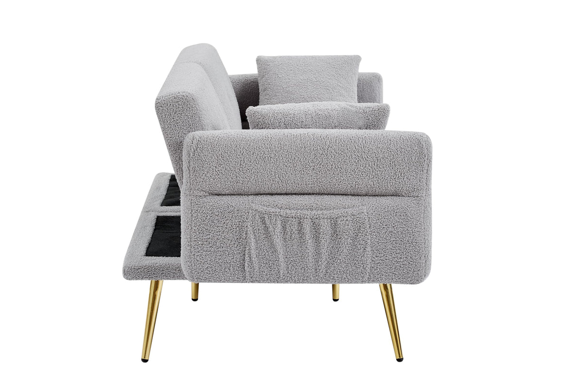 Upholstered Accent Loveseat Sofa with Side Pocket,Folding Sleeper Sofa Bed with Foldable Armrest, Adjustable Backrest and Golden Metal Legs for Living Room,Grey
