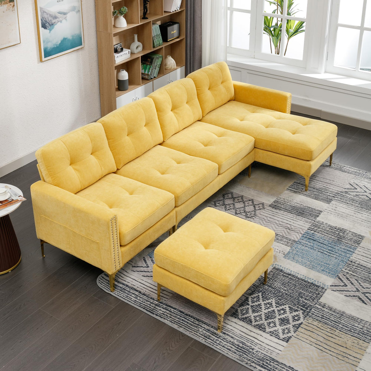110.6" Velvet Sectional Sofa Couch with Chaise Lounge & Ottoman for Living Room, Modern Contemporary L-Shaped 4-Seat Tufted Sofa Couch for Apartment Office, Strong Metal Leg, Brown