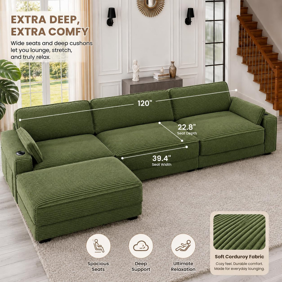Vipbear 120" Modular Sectional L Shaped Sofa Couches for Living Room,3 Seat with 1 Movable Ottoman,Comfy Corduroy Sofa with USB Port,Side Pocket,Pillow,Green