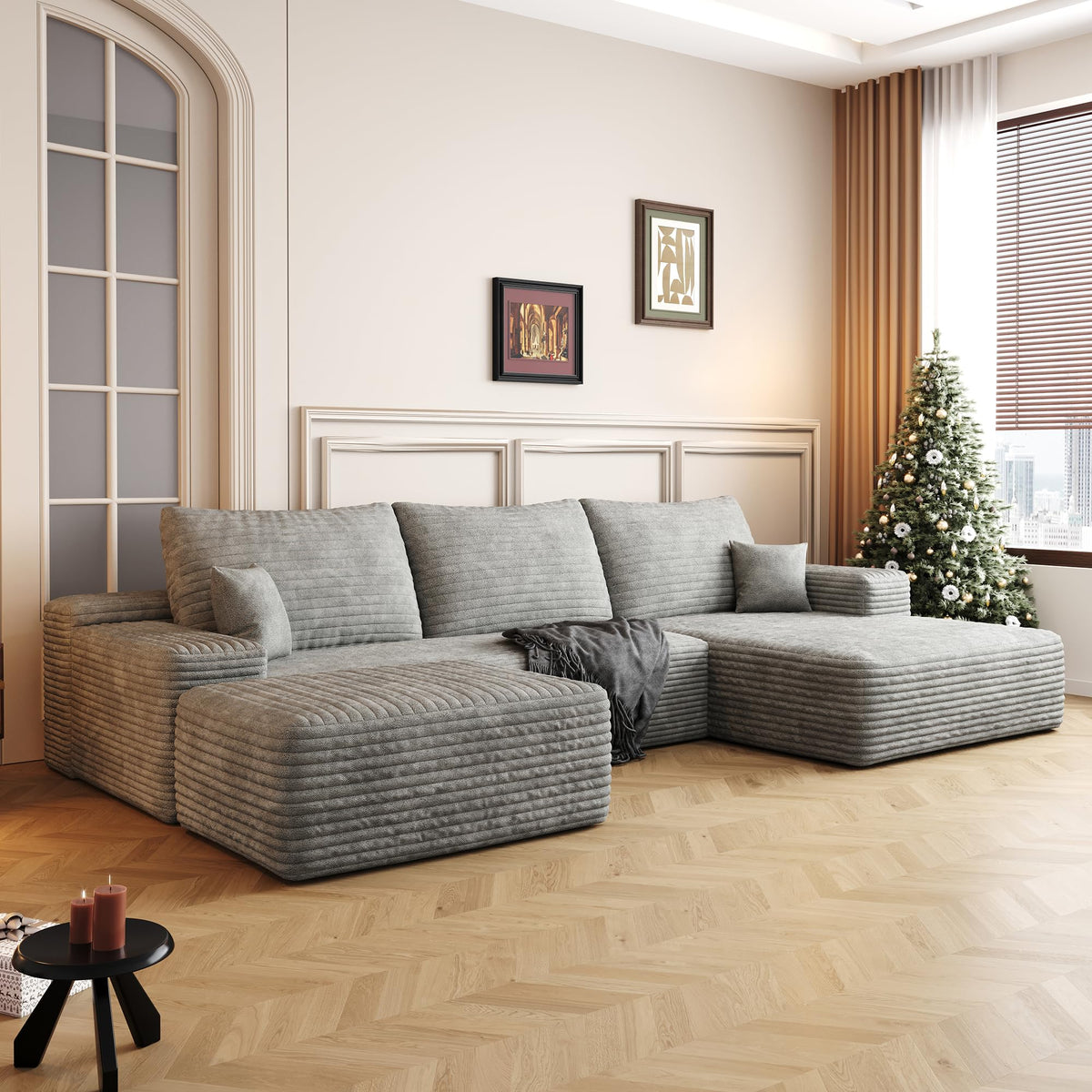 107" Plush‑Fabric Multi‑Functional Sectional Sofa, Upholstered Sleeper with Deep Seat, Free Combination Couch with Movable Ottoman for Living Space, Grey