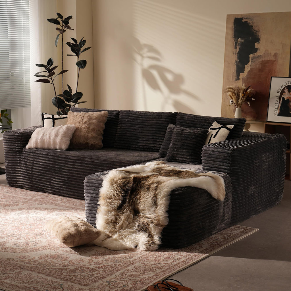 106" Cloud Sectional Couch with L-Shape Chaise & Ottoman, No Assembly Modular Sofa, Deep Seat Plush Corduroy Boneless Couched for Living Room (Black Plush Corduroy, L Shape with Ottoman-Left Facing)