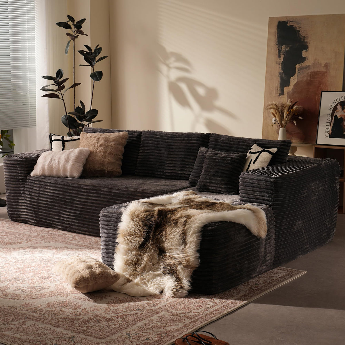 106" Cloud Sectional Couch with L-Shape Chaise & Ottoman, No Assembly Modular Sofa, Deep Seat Plush Corduroy Boneless Couched for Living Room (Black Plush Corduroy, L Shape with Ottoman-Left Facing)