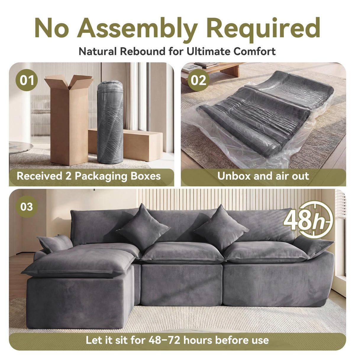108" Modular Sectional Sofa, 3-Seater Cloud Couch with Moveable Ottoman, L-Shaped Boneless Sofa, Deep Seat Comfy Couches for Living Room Bedroom, No Assembly Required, Gray