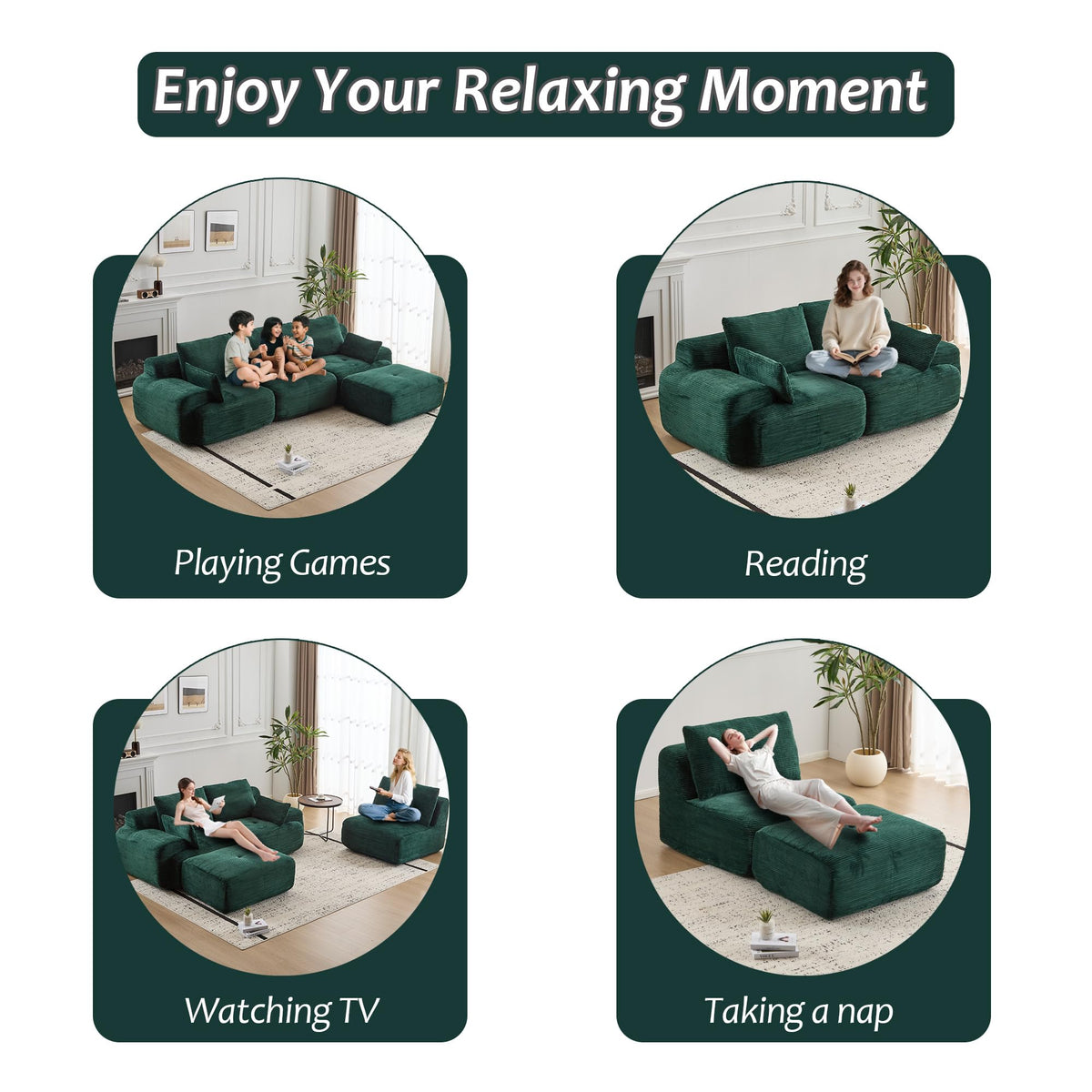 Tidyard Foam Sectional Sofa, Pet-Friendly Corduroy Fabric, No Assembly Required, Extra Deep Loveseat for Living Room, Green