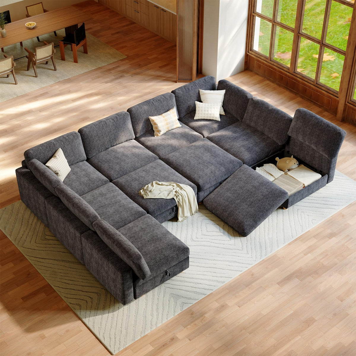 132" 8 Seat Modular Sectional Sofa Bed with Storage,Oversized Sleeper Couch Convertible L Shaped Couch with Movable Ottoman, Modern Style Sectional Couches for Living Room,Grey