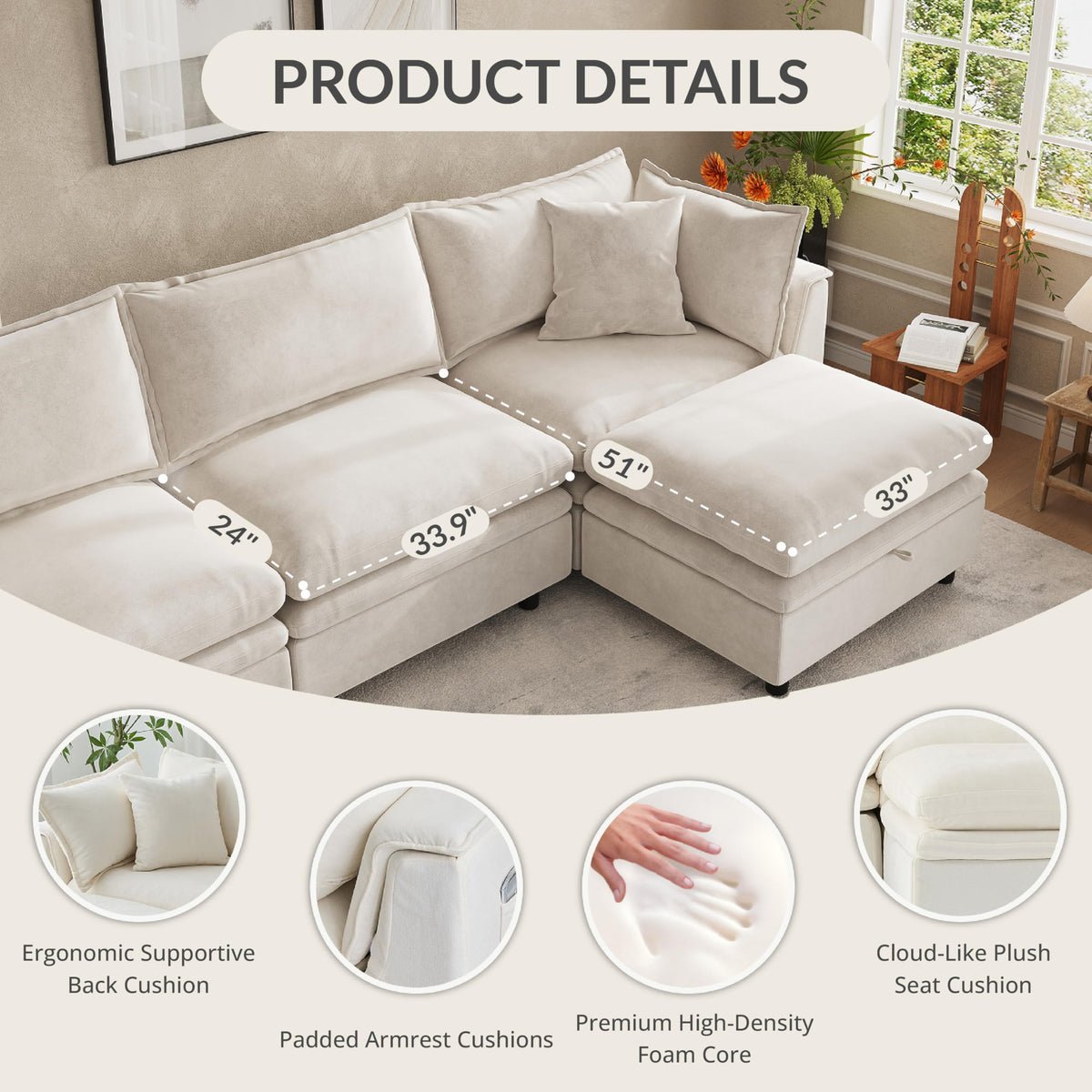 113.4'' Modular Sectional Couches with Storage Ottoman