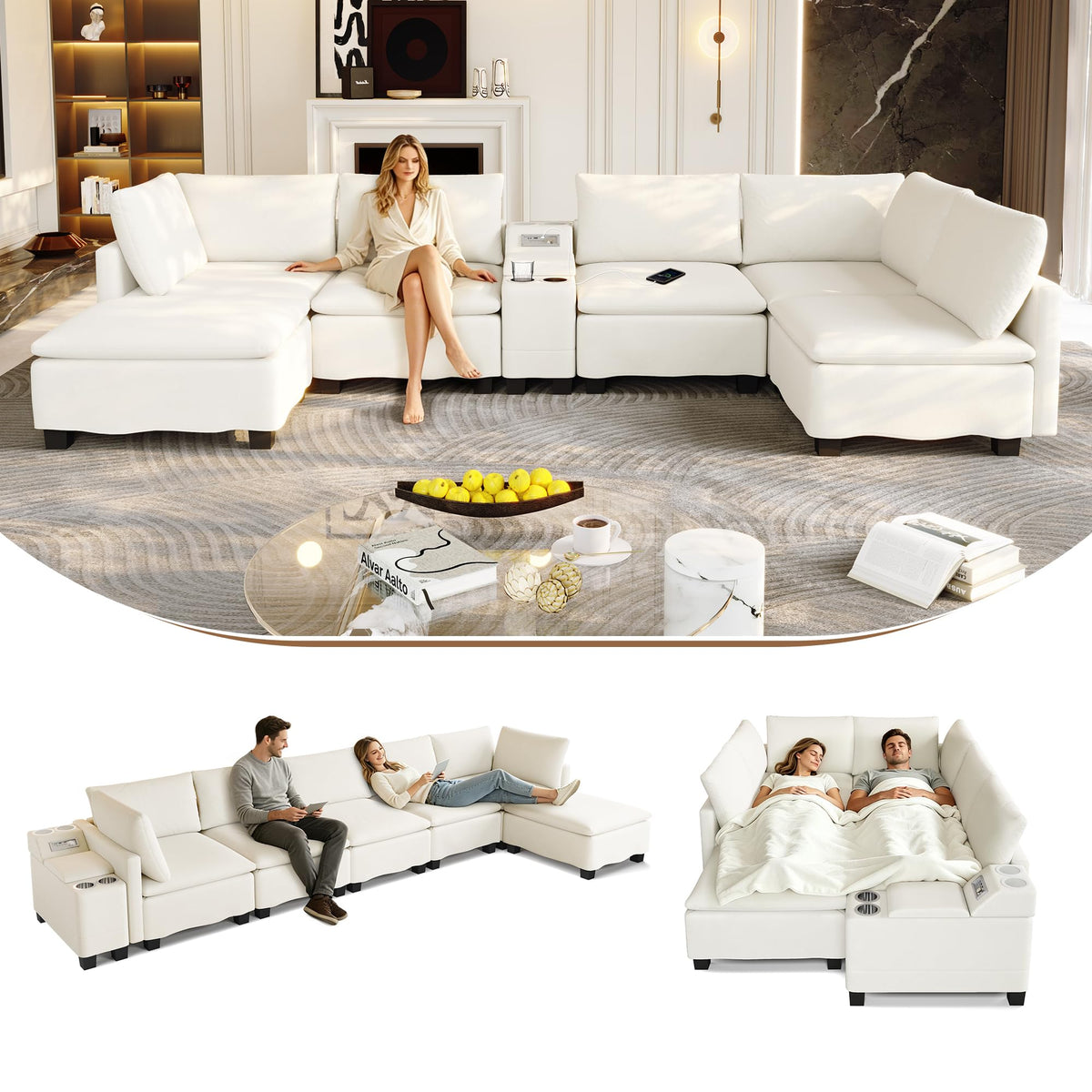 121.2" U Shaped Modular Sectional Sofa Couch for Living Room, Beige
