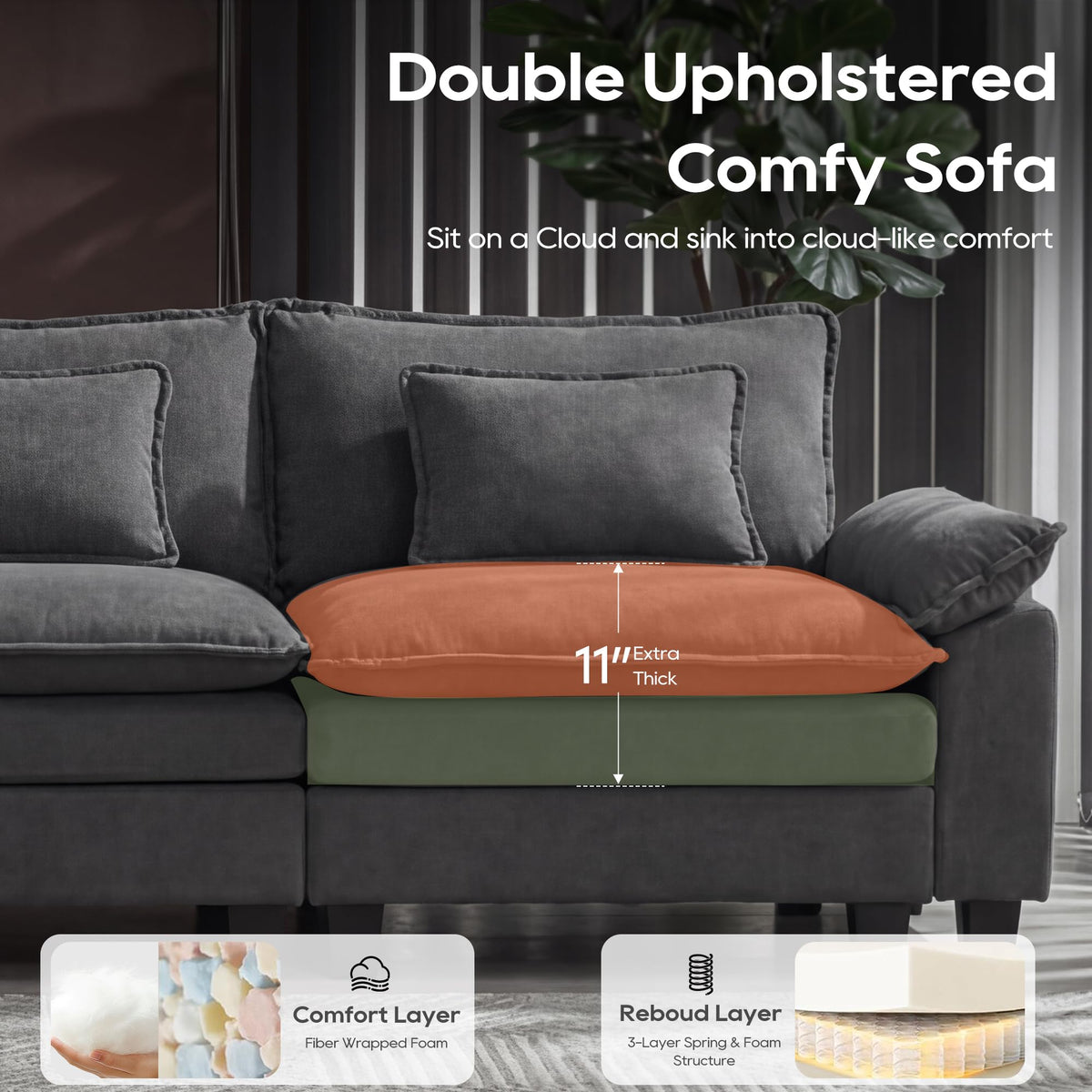 URRED Oversized Modular Sectional Sofa，Dark Gray：122" L Shaped