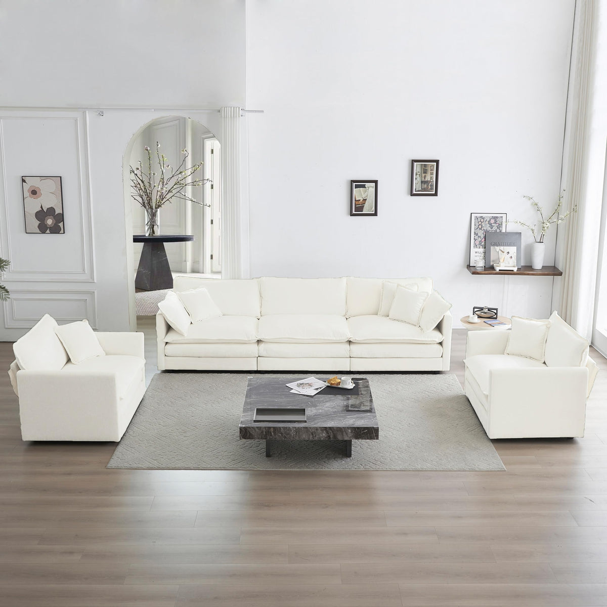 White Modular Sectional Sofa 3-Piece Set, Modern Deep Seat Chenille Couch, Loveseat, Single Sofa, Oversized Modular Couch for Living Room
