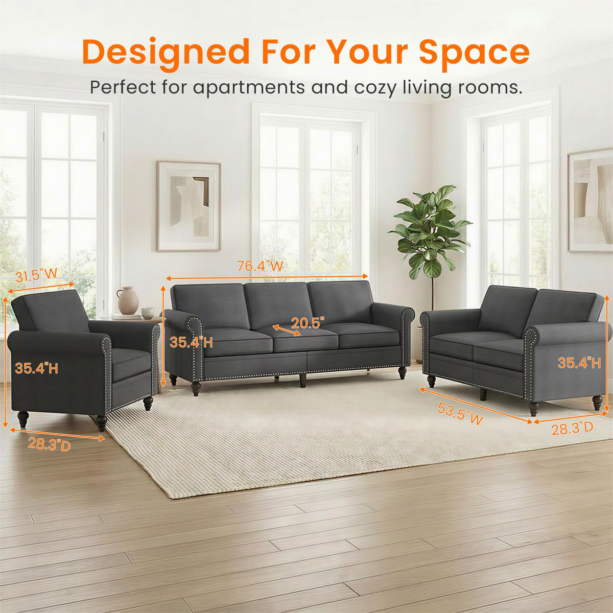 Living Room Sofa Sets 3 Piece, Modern 3 Seater Sofa and Loveseat Couch and Armchair Sets, Linen Fabric 3-Seat + 2-Seat Couch+ Single Accent Chair Furniture Sets
