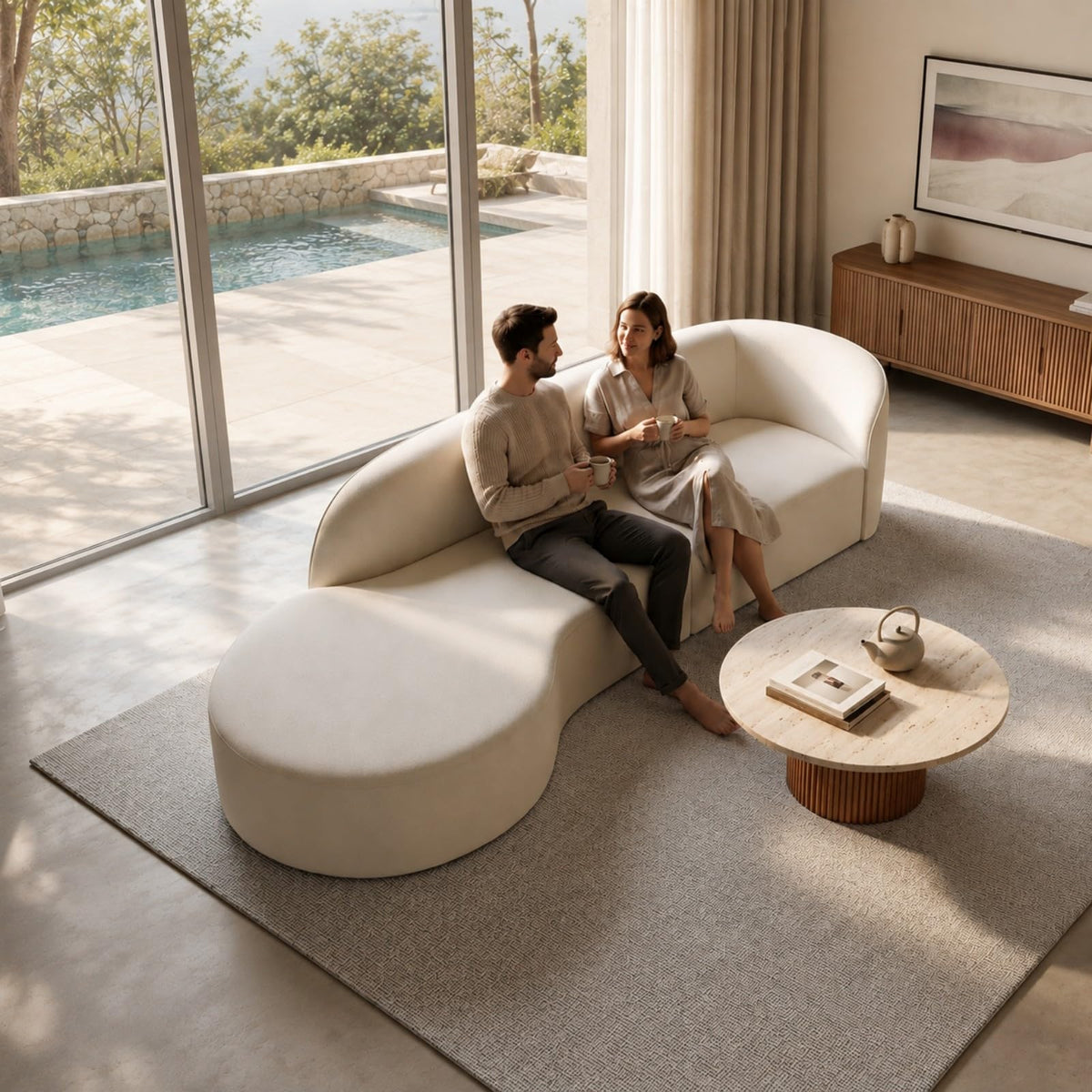 133.8" Oversized Curved Sectional Sofa, Ivory White, Left Chaise