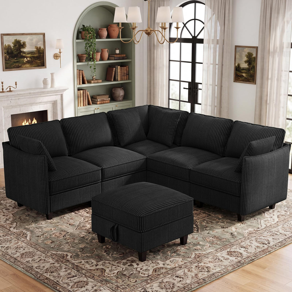 WorthFurni 84.8" Modular Sectional Sofa, 6 Seater Corner Sofa Modern V-Shaped Couch with 1 Storage Ottoman, Comfortable Corduroy Sofa with Throw Pillows for Living Room, Apartment, Green
