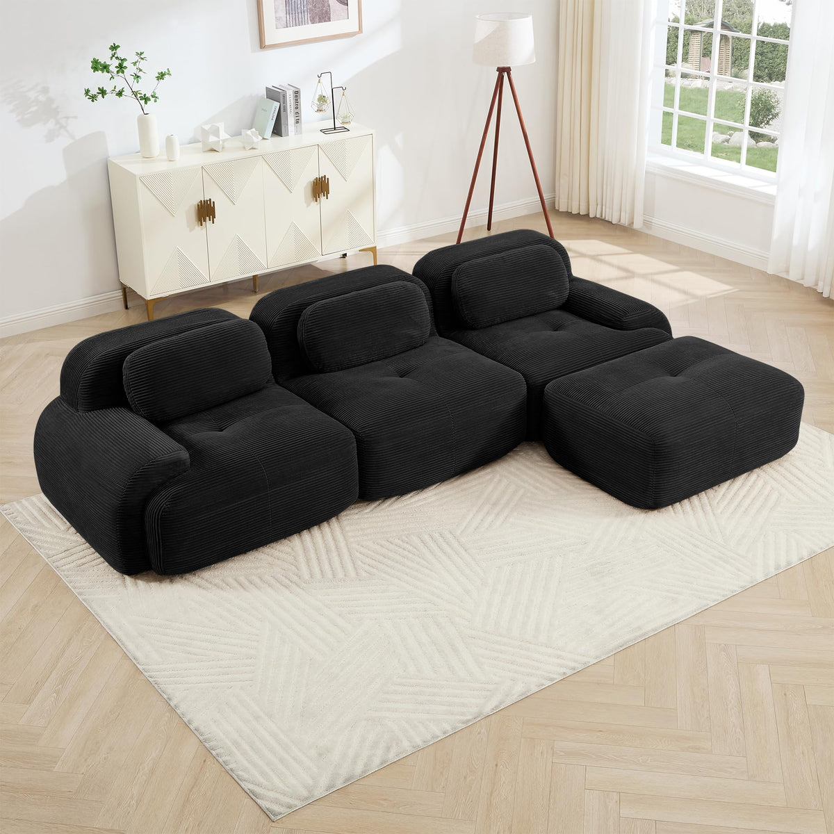 116" Corduroy Modern Minimalist Style Modular Sectional Couch, Convertible Modular Cloud Sleeper Sofa with Ergonomic Design, Modern Boneless Compressed Floor Sectional Sofa for Living Spaces, Black